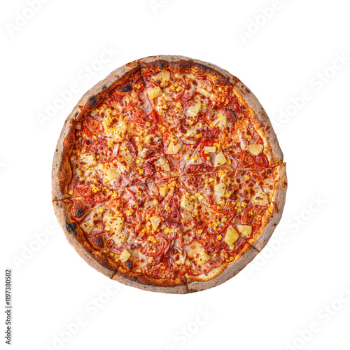 Obraz na płótnie Fragrant pizza, Hawaiian, isolated on a white background. w salonie
