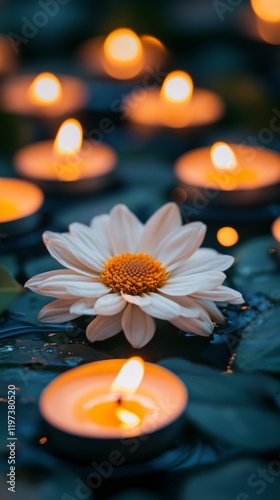 Romantic candle arrangement with flowers and greenery for a cozy evening setting