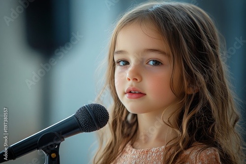 Young girl singing on stage with warm lighting during a performance event