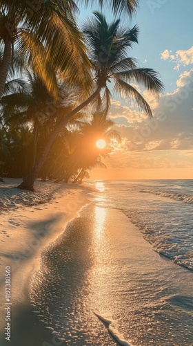 Serene sunset over tropical beach with palm trees and golden sand on a tranqu...
