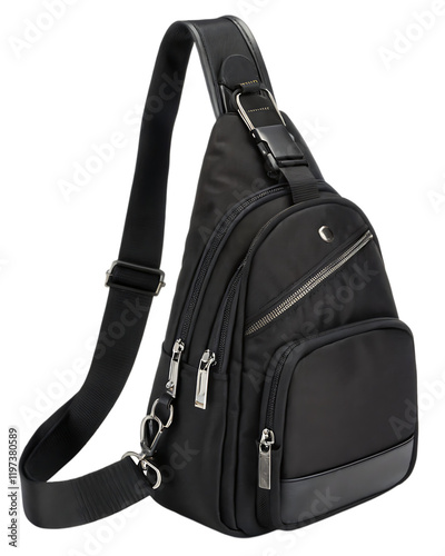 Black Leather Sling Backpack isolated on white background as transparent. PNG. AI GENERATED photo