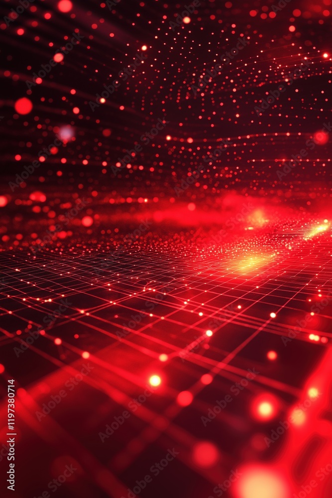 Fototapeta premium Abstract red digital background with glowing lines and dots, futuristic perspective, illuminated particles