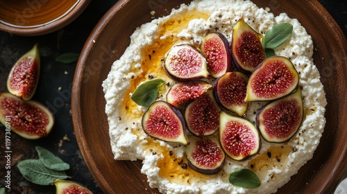 Delightful breakfast featuring fresh figs, creamy cheese, and honey on toaste...
