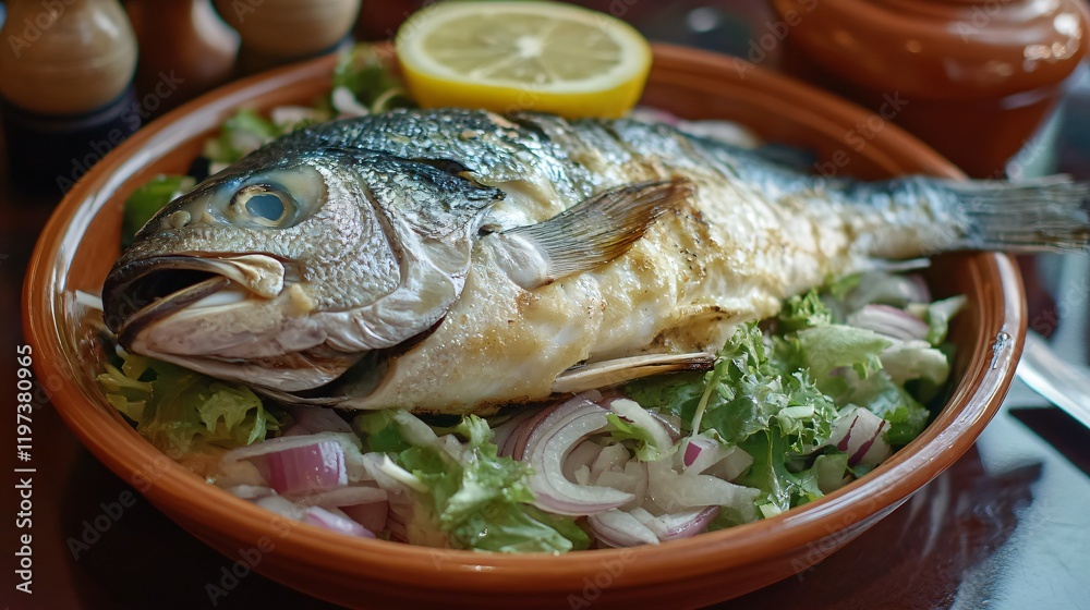 Delicious Grilled Fish with Salad and Lemon Delicious Grilled Fish with Salad and Lemon