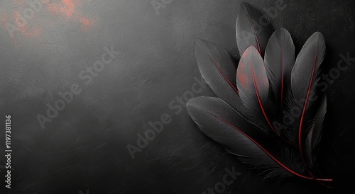 Dark and elegant black feathers with red accents arranged on a textured surface