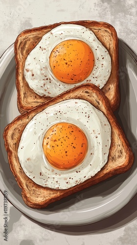 Delicious breakfast with eggs over easy served on toasted bread in a cozy kit...