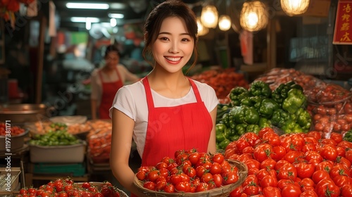 A woman proudly standing before a vibrant table filled with fresh ripe tomatoes reflecting a bountiful harvest and a love for healthy eating and cooking photo