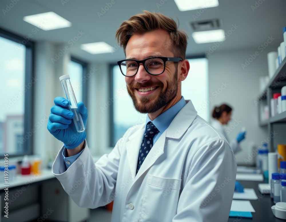 Smiling Scientist Holding Test Tube in Lab Smiling Scientist Holding Test Tube in Lab