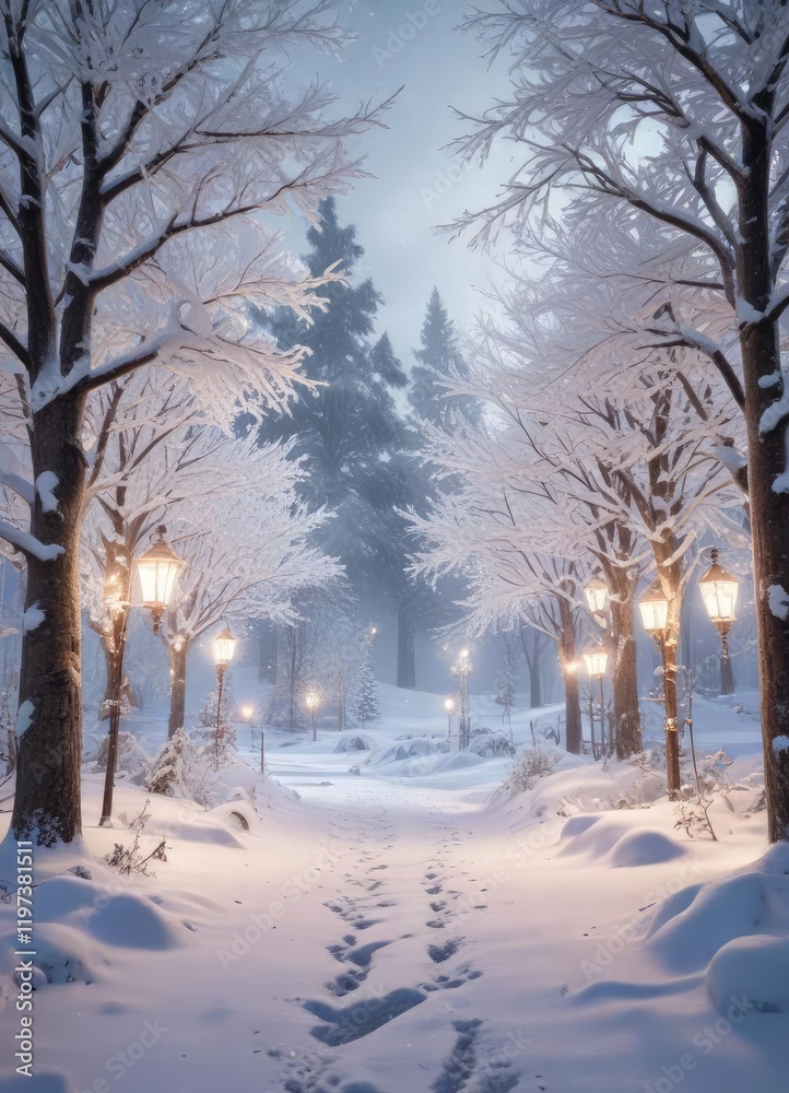 A winter wonderland scene with a glittering snowy landscape and snow-covered trees adorned with festive holiday decorations, snow covered trees, snowy landscape, holly and ivy A winter wonderland scene with a glittering snowy landscape and snow-covered trees adorned with festive holiday decorations, snow covered trees, snowy landscape, holly and ivy