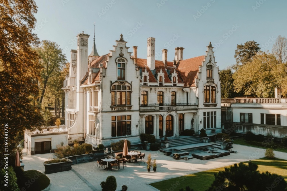 Obraz premium Elegant mansion surrounded by lush greenery and blue skies in a serene setting offers a glimpse into historical architecture