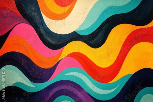 Colorful wavy patterns create a vibrant artwork displayed in a modern setting