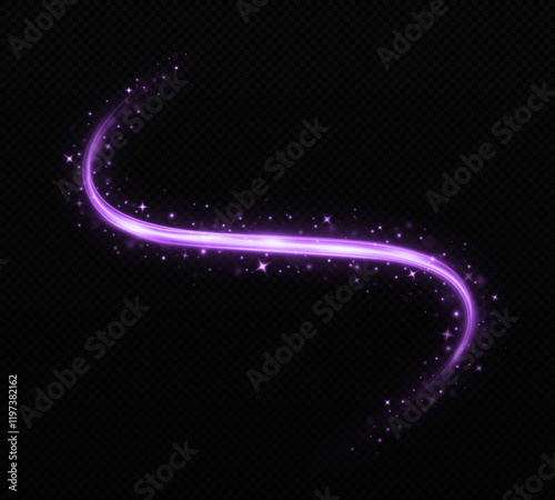 Luminous wavy lines on transparent background. Cosmic trail with light effect. Magic sparkling flow of lines.