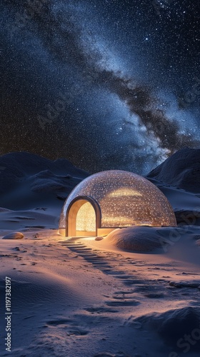 Illuminated igloo under a starry night sky in a remote winter landscape
