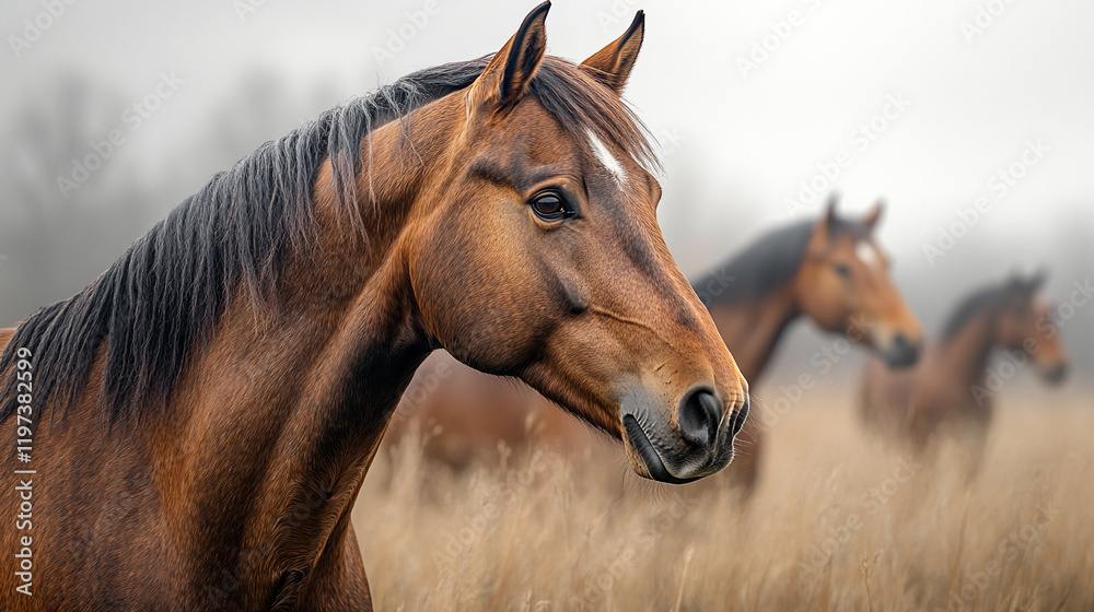 Fototapeta premium Side profile of Horse against a soft, misty background 