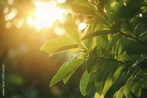 Dew-kissed green leaves shining in sunlight during a tranquil forest morning