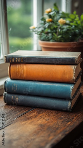 Stacked vintage books beside a window with a potted plant in a cozy reading nook