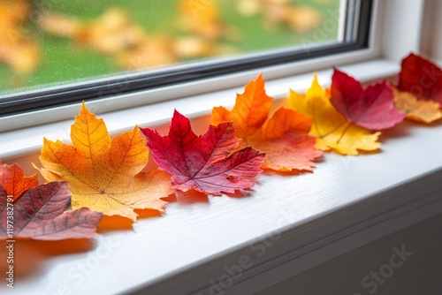 Colorful autumn leaves arranged on a windowsill showcasing vibrant fall hues