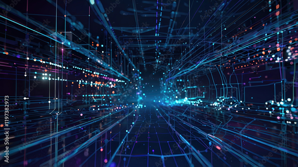 Fototapeta premium Futuristic abstract digital background, glowing neon network of interconnected points and lines. Dark gradient background. Soft bokeh effect. 3D rendering