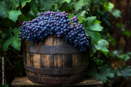 Freshly harvested red grapes in a wooden barrel amidst lush greenery in the v...