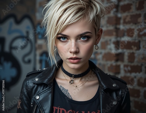 Stylish Blonde Woman in Leather Jacket Urban Portrait photo