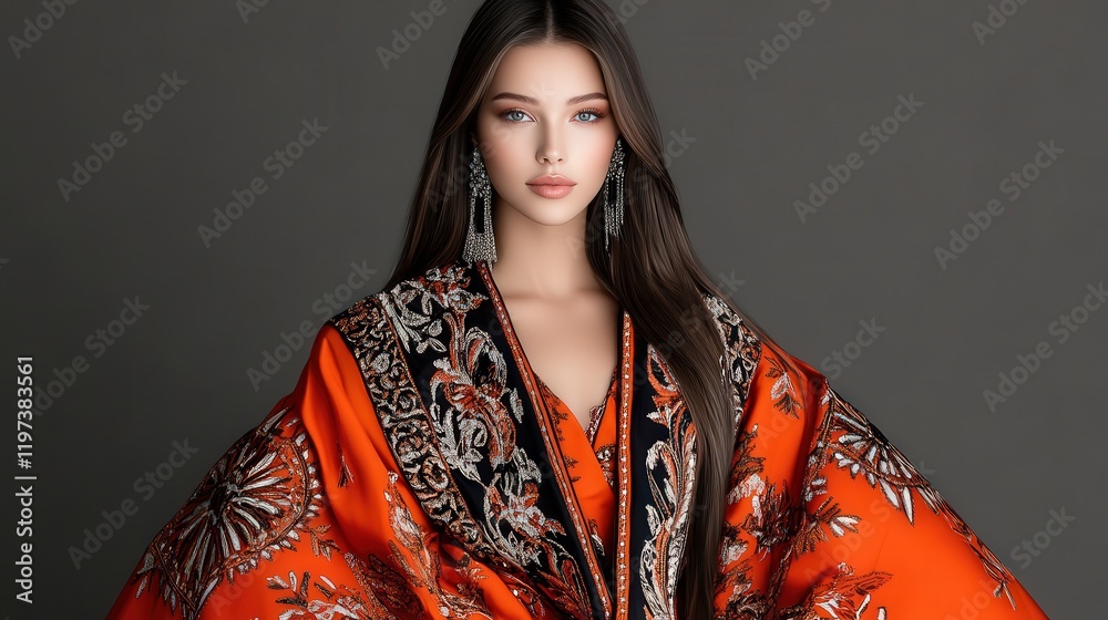 Elegant Woman Dressed in Vibrant Orange Kimono Surrounded by Cultural Elements in a Traditional Setting Evoking Grace and Timeless Beauty Elegant Woman Dressed in Vibrant Orange Kimono Surrounded by Cultural Elements in a Traditional Setting Evoking Grace and Timeless Beauty