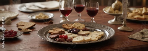 A glass of wine placed on a decorative table with a bottle of wine surrounded by symbols of the Passover Seder including a charoset bowl and afikoman,  wine and bread, passover seder photo