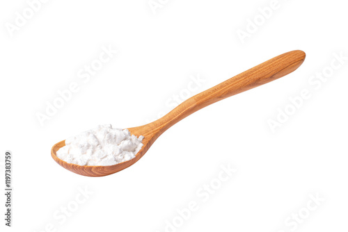 Foto White flour, powder in wooden spoon isolated