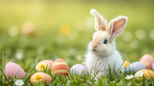 Adorable bunny background with various bunnies hopping around in a lush green meadow, creating a cute and whimsical scene, playful, cute photo