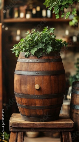 Cozy dining setup featuring a wooden barrel table and plants in a rustic urba...