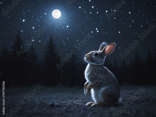 Wild rabbit gazing upwards in the dark night photo