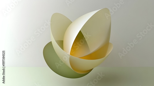 A floating 3D abstract sculpture of curved shapes and glowing patterns, surrounded by an ambient gradient background 