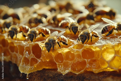 Close-up view of bees working on honeycomb in a beehive during daylight hours
