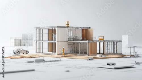 Detailed sketch of a prefabricated house under assembly, with visible panel installations