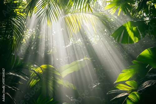 Sunlight filters through lush greenery in a vibrant tropical jungle scene