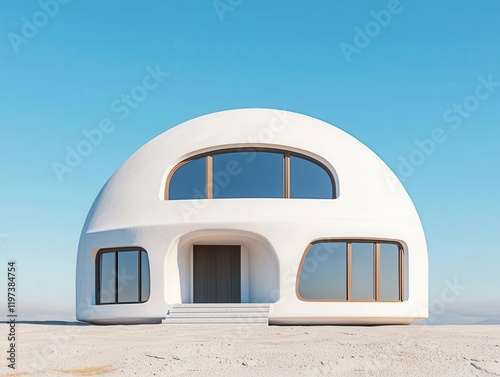 Render of a futuristic domeshaped house under construction, with advanced building technology details photo