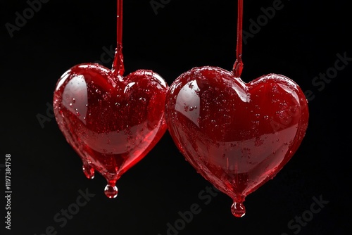 Unique Heart-Shaped Ornaments Hang from a Branch in a Frosty Winter Wonderlan...
