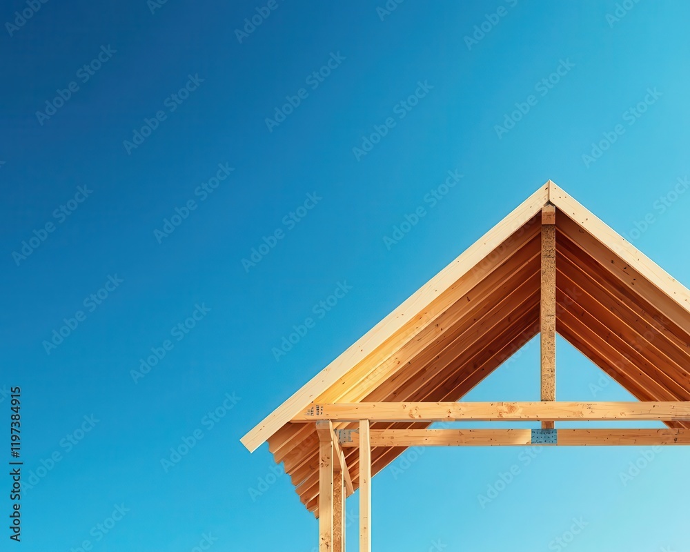 Illustration of a house s framing process, with visible trusses and beams against a blue sky Illustration of a house s framing process, with visible trusses and beams against a blue sky