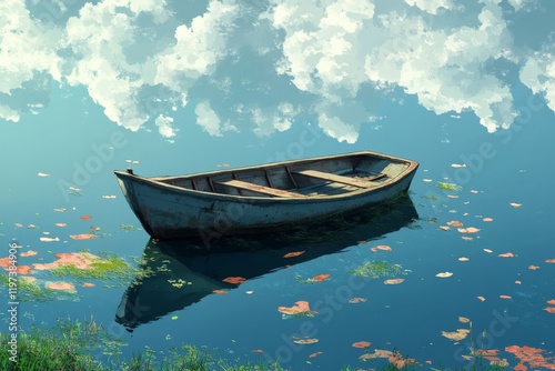 Serenity of a lone boat drifting on calm waters under a bright sky