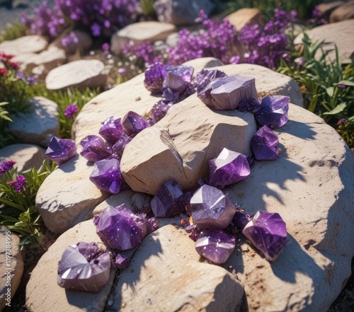 Amandine amethyst crystals embedded in a garden stone, gardening supplies, natural wonder