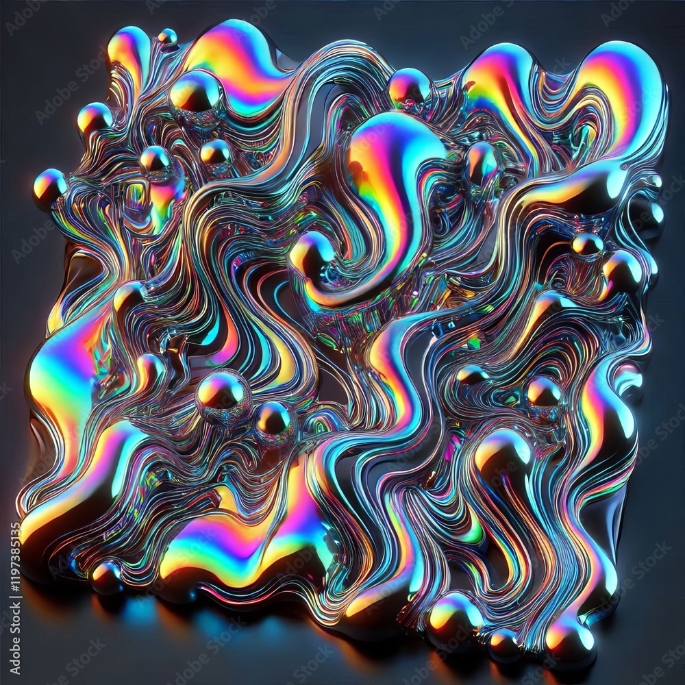 Obraz premium 3d rendering illustration of glossy liquid substance in hologram spectral color palette. Melting neon fluidity waves, shiny petroleum substanse.