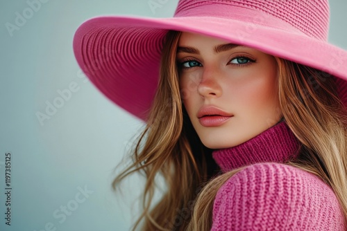 Young woman with long hair and pink hat poses against a blue background in a ...