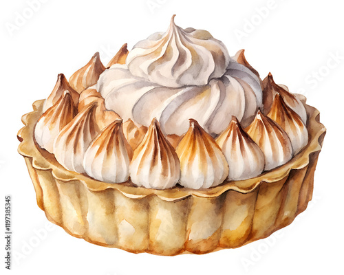 watercolor meringues pie dessert, isolated soft focus on the transparent background