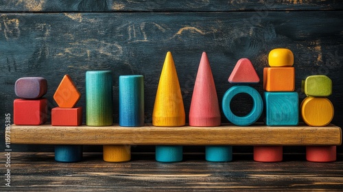 Colorful building blocks arranged neatly on a wooden table in a cozy playroom