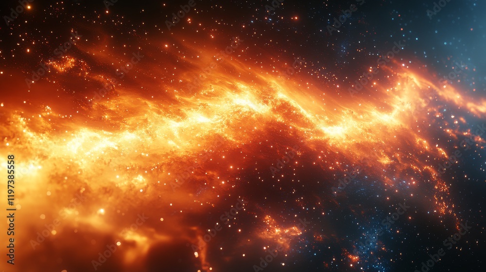 Obraz premium Fiery cosmic nebula with orange and blue hues, stars, and swirling gas clouds.