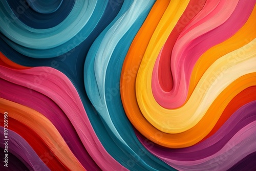 Colorful wavy patterns create a vibrant artwork displayed in a modern setting