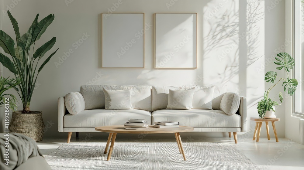 A bright living room with minimalist decor, a light gray couch, and a trendy coffee table with books and a plant. A bright living room with minimalist decor, a light gray couch, and a trendy coffee table with books and a plant.
