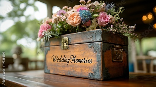 Elegant wooden box with flowers for storing wedding memories in a rustic setting