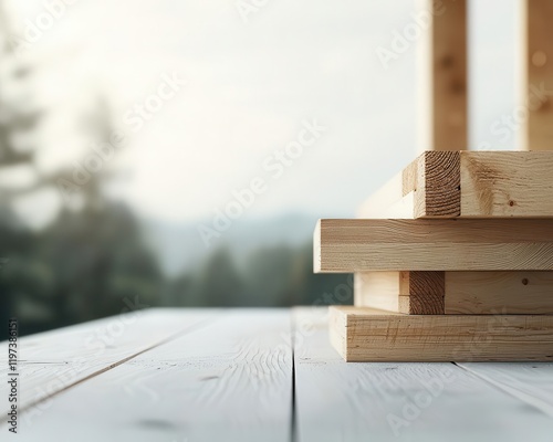 Artistic depiction of a woodenframe house under construction, with natural surroundings in the background photo