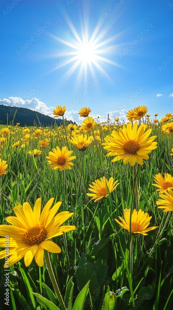 Fototapeta premium Vibrant yellow daisies blooming in a mountainous landscape on a sunny day