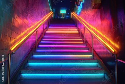 Vibrant neon stairway illuminated with colorful lights in a modern entertainm...